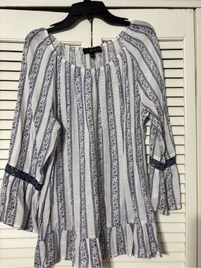 Fred David White Striped Peasant Blouse with Navy & Pink Accents